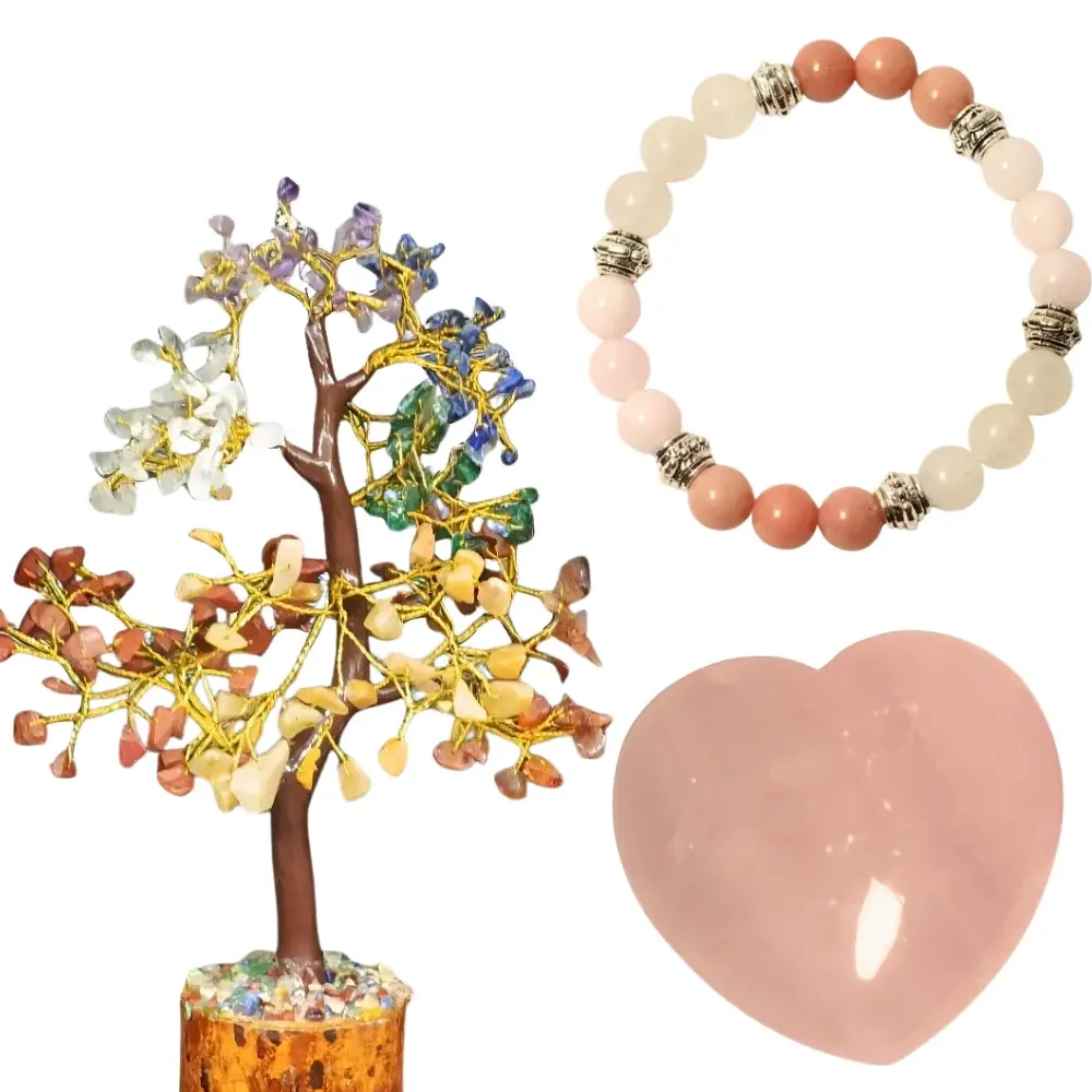 Vedikaura Heart Connection Love Kit – Rose Quartz Heart, Couple Bracelet & Gem Tree for Loving Bonds