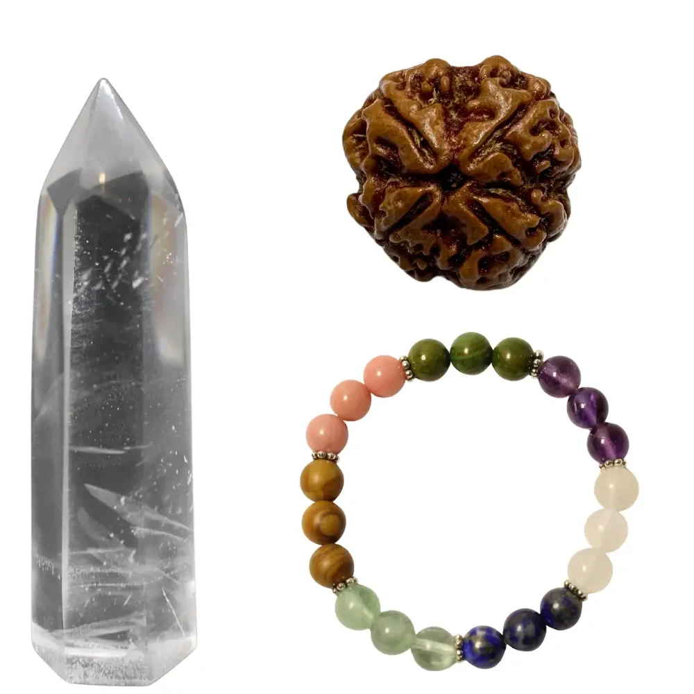Vedikaura Inner Calm & Clarity Ritual Kit (Best for Anger Management) – 4 Mukhi Rudraksha, Crystal Bracelet & Pencil Terminator