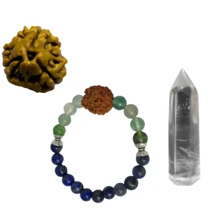 Vedikaura Learning & Intuition Awakening Set – Bracelet, Crystal Pencil Terminator & 3 Mukhi Rudraksha