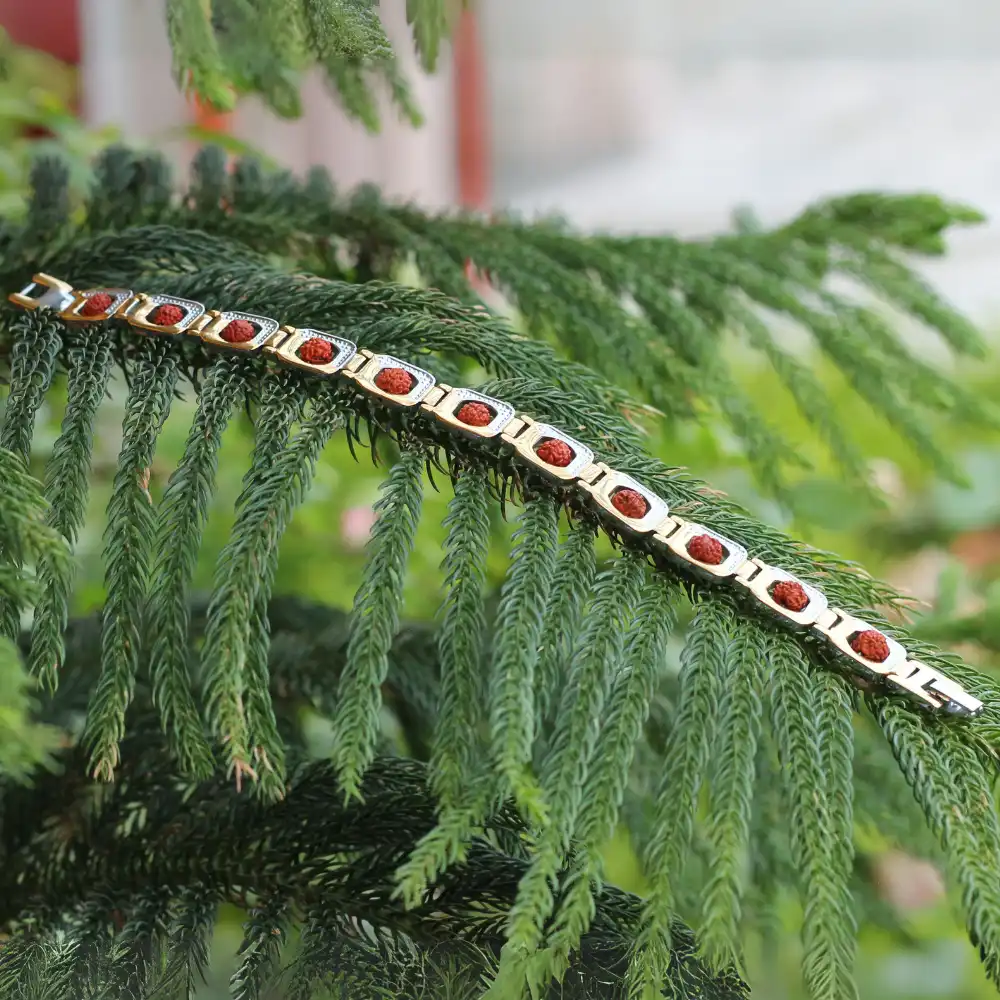Vedikaura Rudraksh Trishashakti Swiss Metal Bracelet – Powerful Spiritual Protection & Energy Bracelet